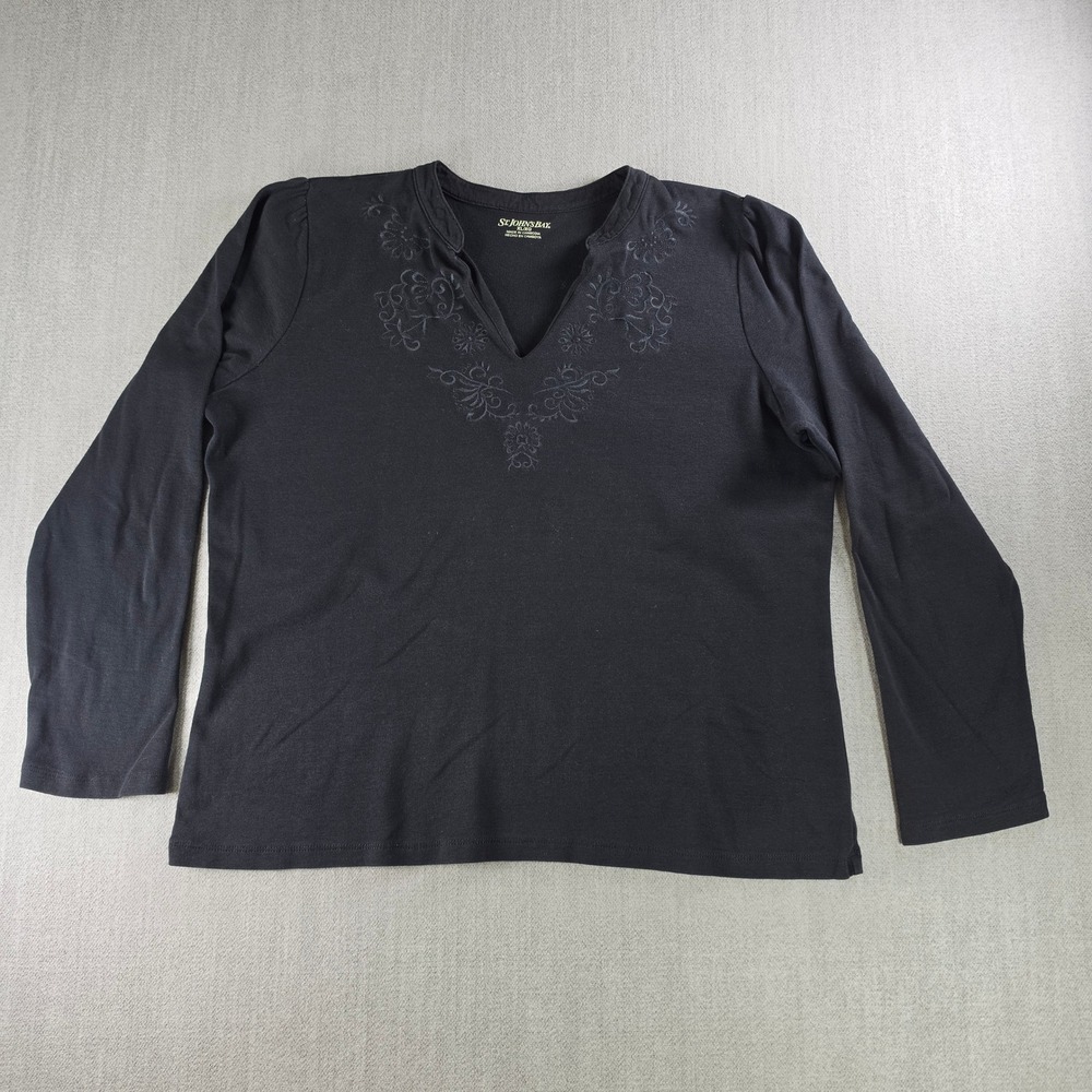 St. John's Bay Top Womens XL Black Embroidered Split Neck Long Sleeve